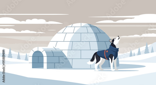 Arctic Dog Howls Near Igloo Winter Landscape Scene