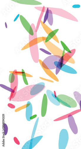 Abstract composition of various colorful translucent oval shapes scattered and overlapping in a dynamic arrangement isolated on a transparent background