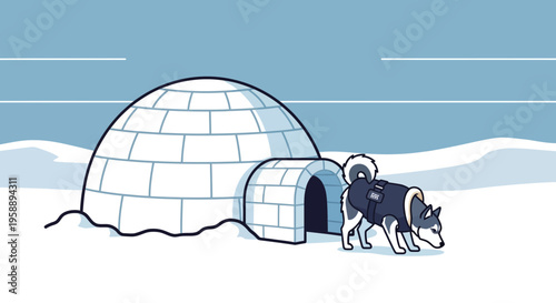 Arctic Dwelling With A Husky Companion And Winter Landscape Illustration