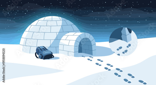Arctic Dwelling With Footprints And Backpack Under Starry Night