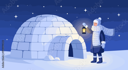 Arctic Dwelling With Lantern Holding Figure Under Starry Night Sky