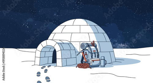 Arctic Dwelling With Expedition Gear Under Starry Night Sky