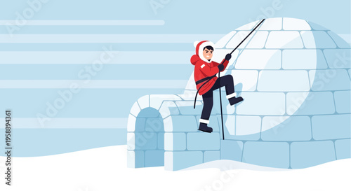 Arctic Explorer Ascends Iglu Structure With Rope And Winter Gear