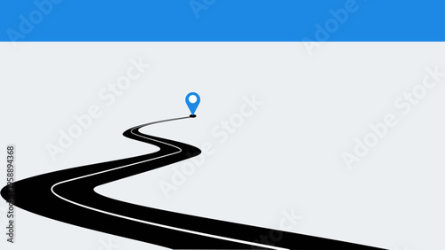 Winding black road leading to a blue location pin on minimal gray background representing route planning navigation travel direction destination journey and map guidance visual concept