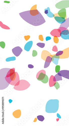 Abstract organic shapes and blobs of translucent vibrant colors scattered across a clean white background creating a playful and cheerful artistic composition