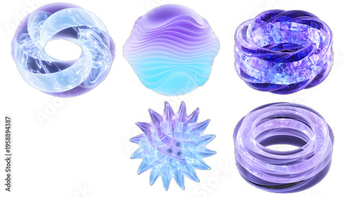 Advanced 3D quantum computing icons with glowing circuit structures. High-tech visuals isolated on transparent background for innovation, research and futuristic tech branding.