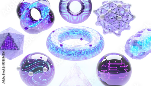 Advanced 3D quantum computing icons with glowing circuit structures. High-tech visuals isolated on transparent background for innovation, research and futuristic tech branding.