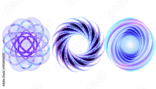 Advanced 3D quantum computing icons with glowing circuit structures. High-tech visuals isolated on transparent background for innovation, research and futuristic tech branding.