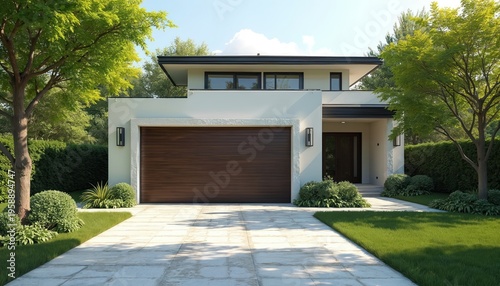 Modern house exterior with wide garage door and manicured lawn. Rich green trees and well-kept landscaping surround the residence. Sunny day with bright blue sky.