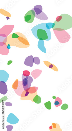 Vibrant translucent overlapping organic shapes scattered across a clean white background creating an abstract artistic pattern