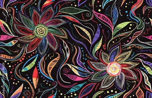 Seamless Pattern design tropical flowers abstract geometric leaves