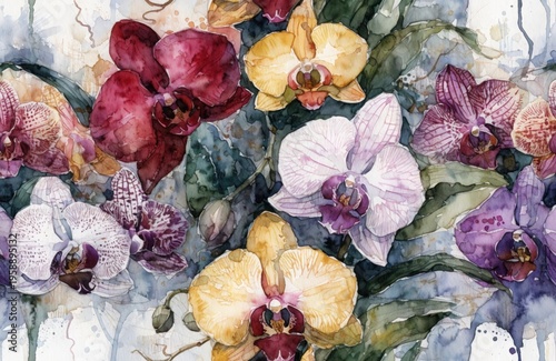 Seamless pattern with tropical orchid flowers in watercolor technique
