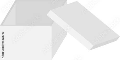 Minimalist 3D vector illustration of an open box with a detached lid in light gray tones, shown from an angled perspective. Ideal for concepts of packaging, unboxing, and storage