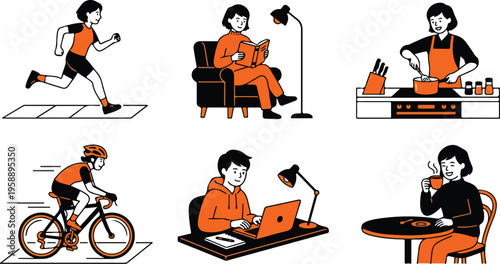 Lifestyle activities in flat vector illustrations, showing exercise, reading, cooking, cycling, working, and drinking