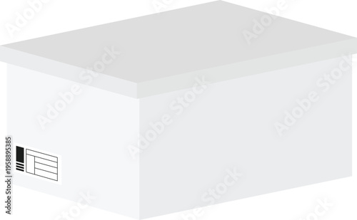 Minimalist 3D vector illustration of a closed storage box with a label sticker, shown from an angled perspective in light gray tones. Ideal for concepts related to packaging, shipping, and labeling