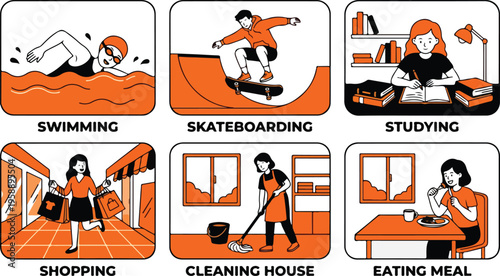 Collection of vector illustrations depicting various leisure activities and daily chores