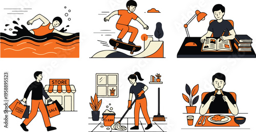 Flat vector illustrations depicting diverse lifestyle activities and hobbies like skateboarding, swimming, and shopping