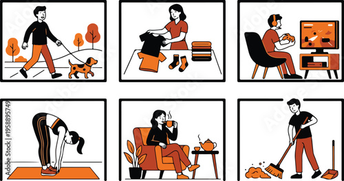 Flat vector illustrations depicting various daily activities like walking a dog, folding laundry, playing video games, exercising, drinking tea, and cleaning