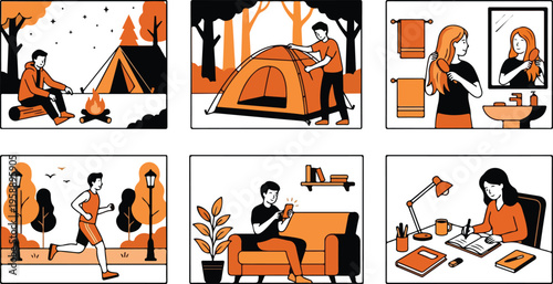Flat vector illustrations depicting outdoor activities and daily routines