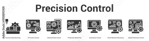 Precision Control web banner icon set vector illustration concept for business with icon of Precision Manufacturing, AI Process Control, Industrial Data Control, Production Monitoring, Automat.
