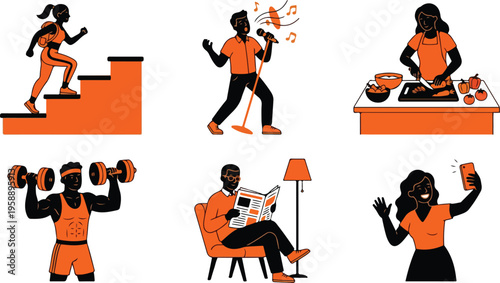 Collection of diverse lifestyle activities including fitness, singing, cooking, reading, and photography