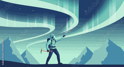 Arctic Explorer Gazes Upon Majestic Aurora Borealis Over Snowy Peaks