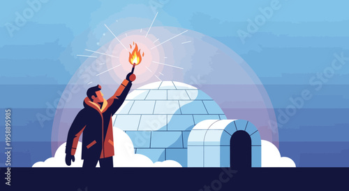 Arctic Explorer Holds Torch Aloft Beside Igloo Under Aurora Sky