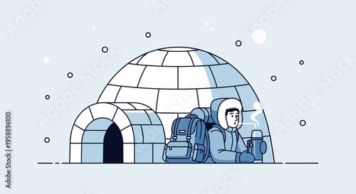 Arctic Explorer Resting Beside Igloo With Hot Beverage