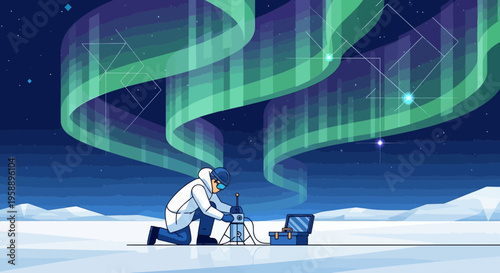 Arctic Explorer Studies Aurora Borealis Phenomena Under Northern Lights