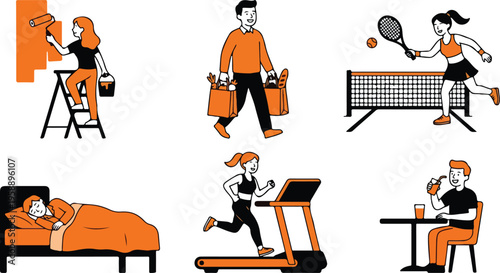 Daily life routine illustration showing activities like painting, shopping, playing tennis, sleeping, and jogging