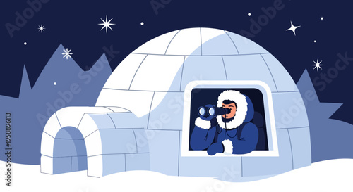 Arctic Explorer Watches From Igloo Under Starry Night Sky