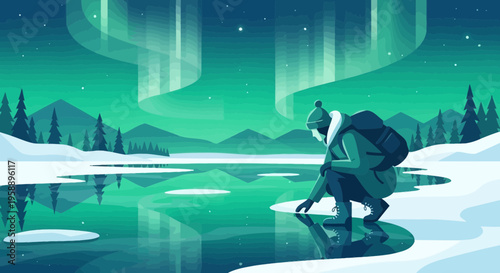 Arctic Explorer Touches Icy Waters Under Northern Lights