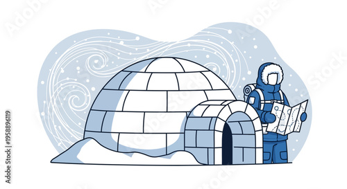 Arctic Explorer With Igloo And Map Navigates Winter Wilderness