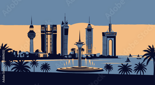 Kuwait City Skyline at Sunset with Famous Landmarks