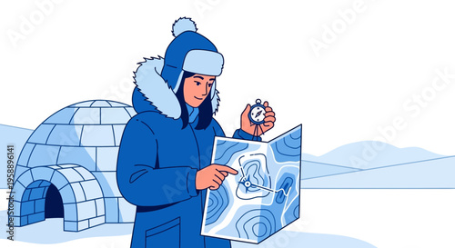 Arctic Explorer With Map And Compass Near Igloo