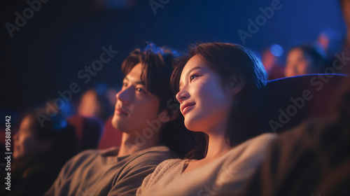 映画館で寄り添って座るアジア人の男女カップル