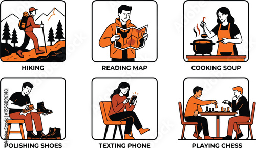 Collection of people engaged in various hobbies and activities, including hiking, reading, cooking, and playing games