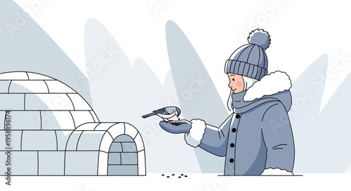 Arctic Kindness Girl Feeds Small Bird Near Igloo Habitat