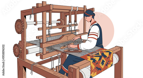 Artisan Crafting Textiles on an Ancient Wooden Loom