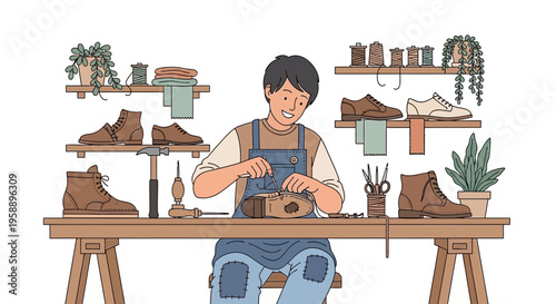 Artisan Craftsman Mending Footwear With Traditional Tools And Supplies In Workshop
