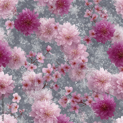 Pink flowers and silver snowflakes seamless pattern elegant winter design with soft petals and delicate branches creating charming and festive atmosphere