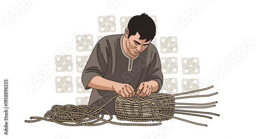 Artisan Skillfully Weaves A Basket With Rope On A White Background