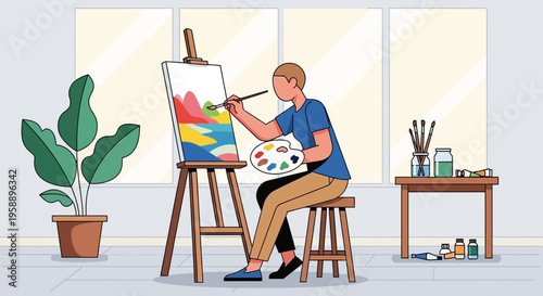 Artist Creating Colorful Abstract Landscape On Canvas Easel