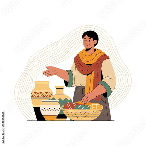 Artisan Showcasing Handcrafted Pottery And Textiles At A Market Stall