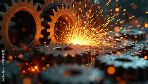 Close-up of metal gears meshing together creating bright orange sparks. Industrial machinery in action, production process, mechanical energy. Intense motion and detailed texture.