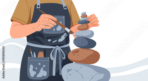 Artist Balancing Stones With Brush In Hand Mindful Activity