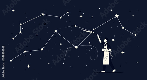 Artist Creating Constellations Under A Starry Night Sky Illustration