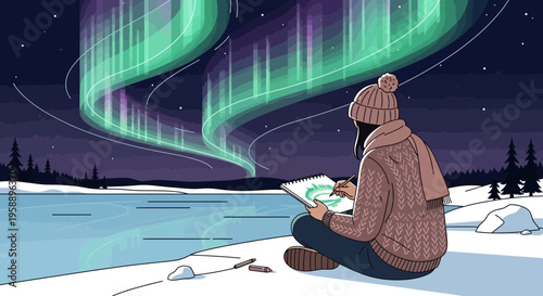 Artist Captures Aurora Borealis In Winter Landscape With Sketchbook