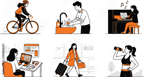 A collection of flat vector illustrations depicting various daily activities and lifestyle choices
