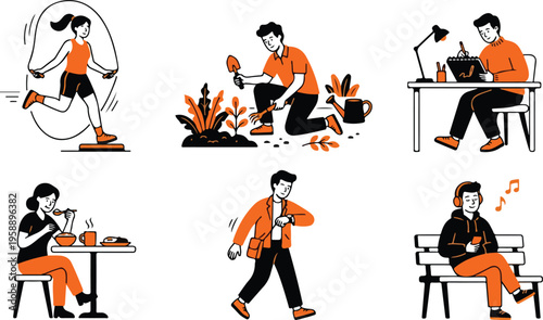 Collection of flat vector illustrations depicting various daily activities and hobbies in a modern style
